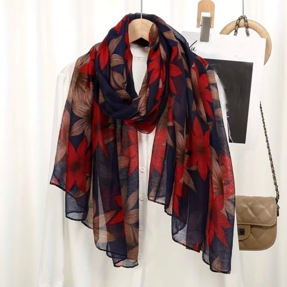 Floral Leaf Pattern Lightweight Scarf Shawl Red Brown Boho Wrap
